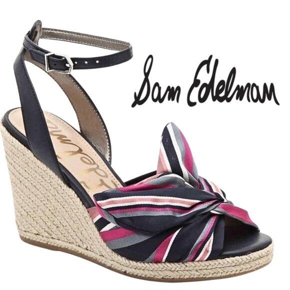 Sam Edelman, Aubrey Espadrille Wedge Striped Bow Sandal, Navy, Pink, Tan - Picture 1 of 10